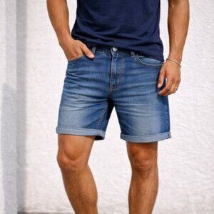 Buffalo David Britton EVAN-X Straight Leg Cotton Stretch Blue Jean Shorts 38 NWT